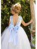 Ivory Flower Girl Dress With Blue 3D Flowers